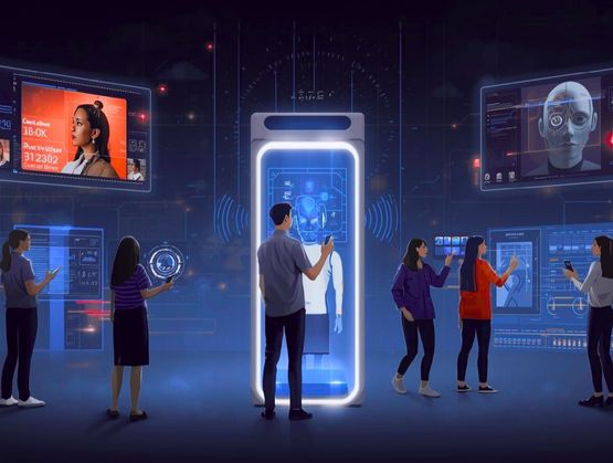 Illustration showing how AI is used in interactive experiences and digital campaigns, including personalisation, AI photo booths, generative content, and intelligent engagement.
