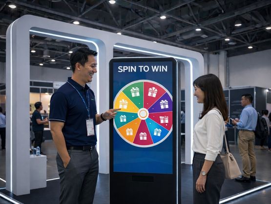 Exhibition engagement experience built with qiksense featuring attract visuals, lead capture, gamified interactions, booth photo participation, and clear analytics with exportable data for sales and marketing teams.