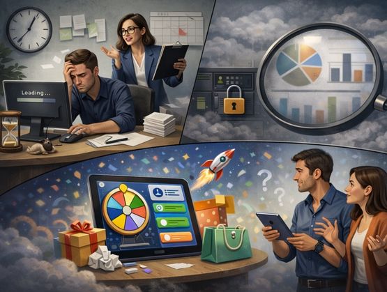 Illustration representing the challenges brands face when launching interactive campaigns, including slow execution and limited data visibility.